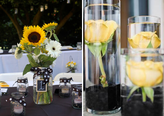 black wedding table cloth with mason jar centerpieces with white and yellow flowers for black white yellow wedding color
